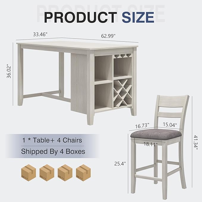 5-Piece Solid Wood Dining Table Set for 4 with Storage Shelves/Wine Rack/Glass Holder, Modern Breakfast Dinette Kitchen Table with Chairs for Dining Room, Kitchen, Grey