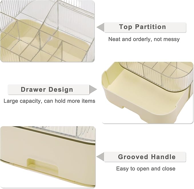 VOCOSTE 1 Set Makeup Organizer with Stackable Drawer, 7 Grids Makeup Organizer for Countertop Vanity, Skincare Organizers Cosmetic Display Cases, Clear White