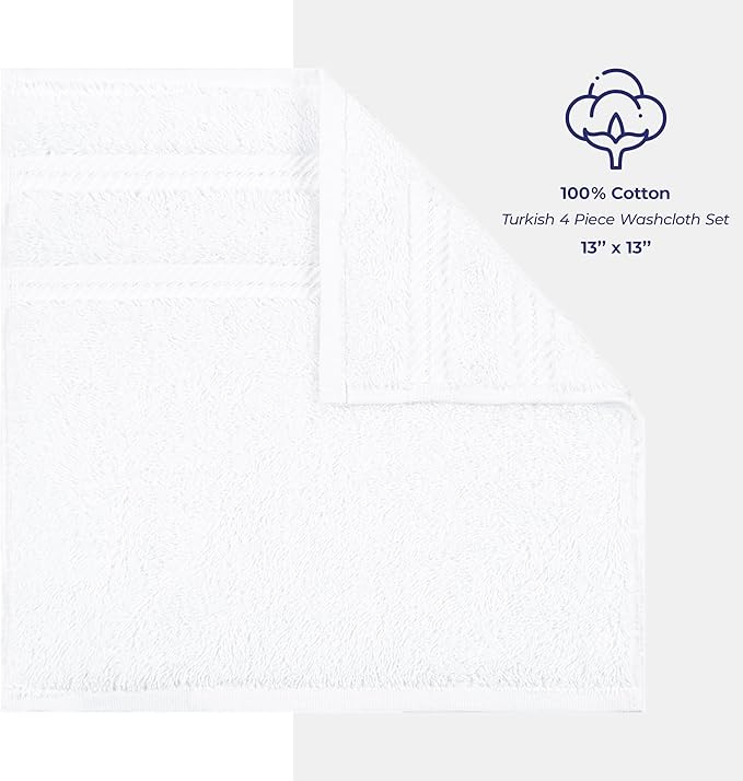 American Soft Linen Luxury Washcloths for Bathroom, 600 GSM 100% Cotton 4 Piece Turkish Wash Cloth Set, 13x13 in Soft Rags for Body and Face, White Washcloths