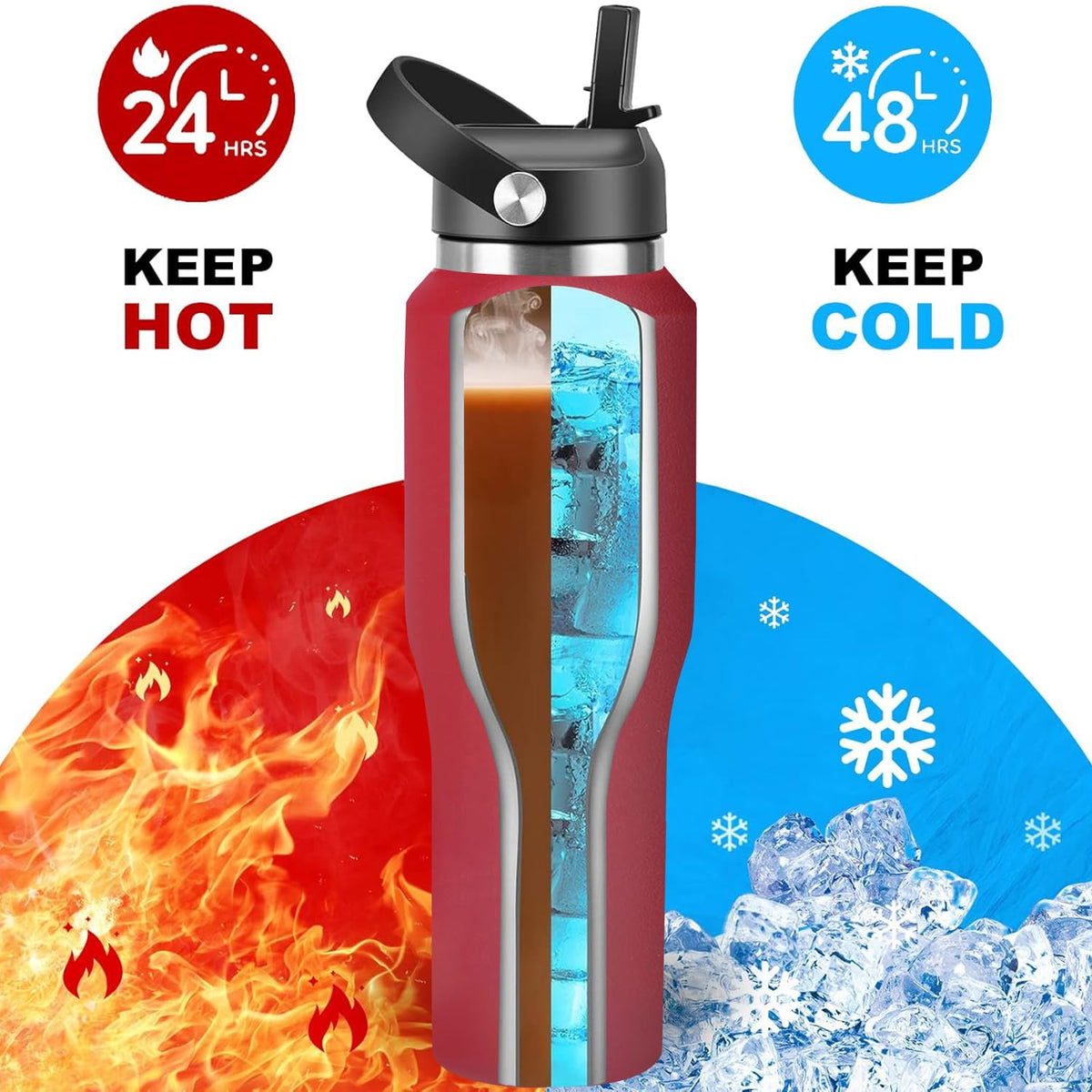 HYDROWION Water Bottle Stainless Steel,Vacuum Insulated Leak Proof Tumbler 32oz with Straw Lid, Spout Lid and Flex Cap(Cold for 48 Hrs, Hot for 24 Hrs), Fit in Any Car Cup Holder, Red