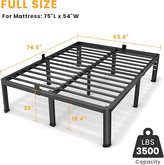 20 Inch Full Size Metal Platform Bed Frame with Round Corners, Storage Space Under High Bed Frame-Heavy Duty Steel Slats Support, Noise Free - Easy Assembly - No Box Spring Needed