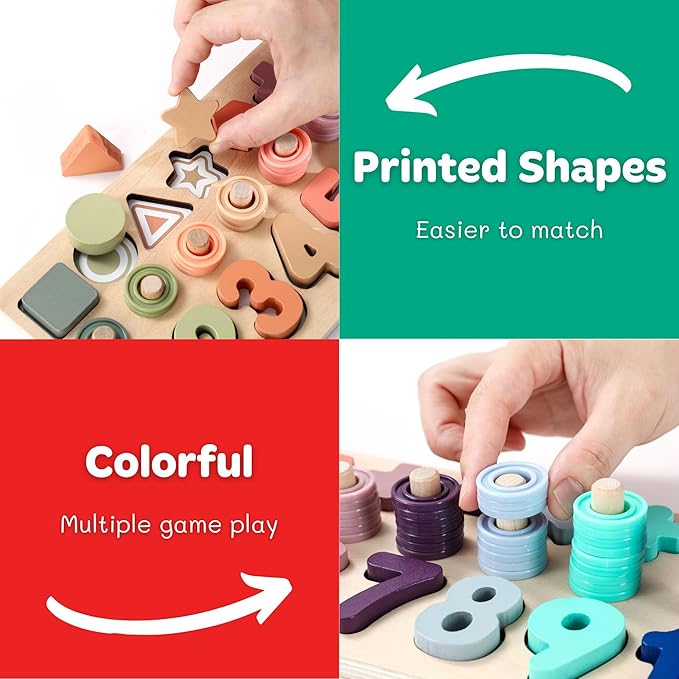BEKILOLE Wooden Montessori Toys for Kids Toddler Number Puzzles Sorter Counting Shape Stacker Stacking Game Preschool Toys for Boy Girl Learning Education Math Blocks Year Old Girl Gifts (Macron)