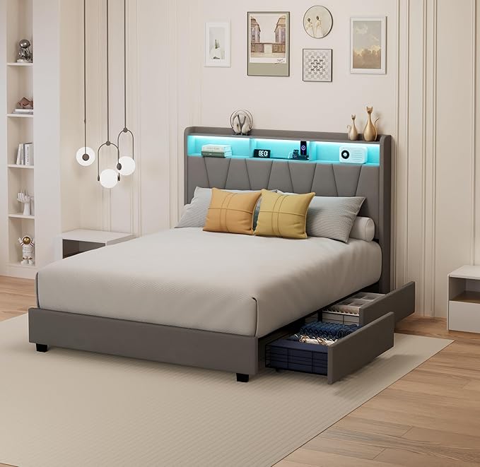 Full Size Bed Frame, Velvet Upholstered LED Platform Bed with Headboard Storage, Bed Frame Full Built-in Charging Station with 4 Drawers, Wood Slat Support, No Box Spring Needed, Grey