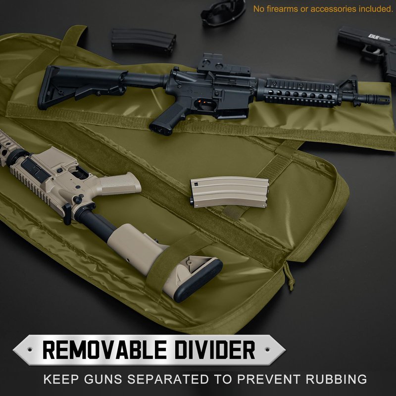 DULCE DOM Double Rifle Case, 38 42 44 inch Soft Gun Tactical Bag for Shooting Range, Movable Divider for 1 or 2 Gears, Multiple Magazine Pouches & Accessory Bags (Green, 42'')