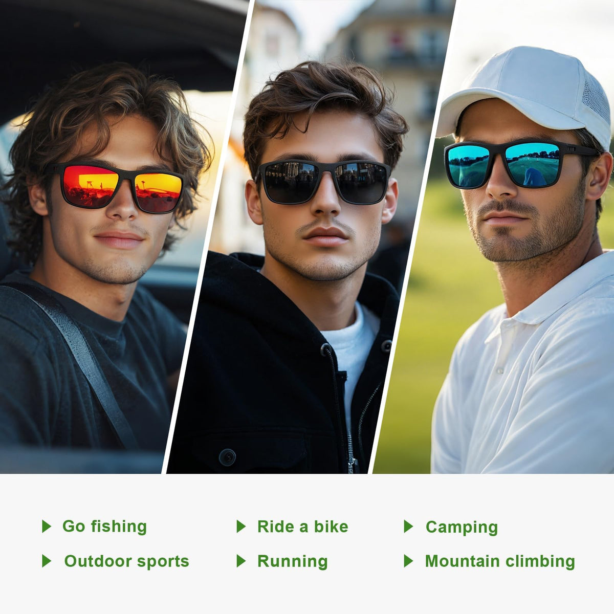 Fanshen Square Polarized Sunglasses for Men, 3 Pack Lightweight UV Protection Sun Glasses for Driving Fishing Golf (Green/Blue/Red)