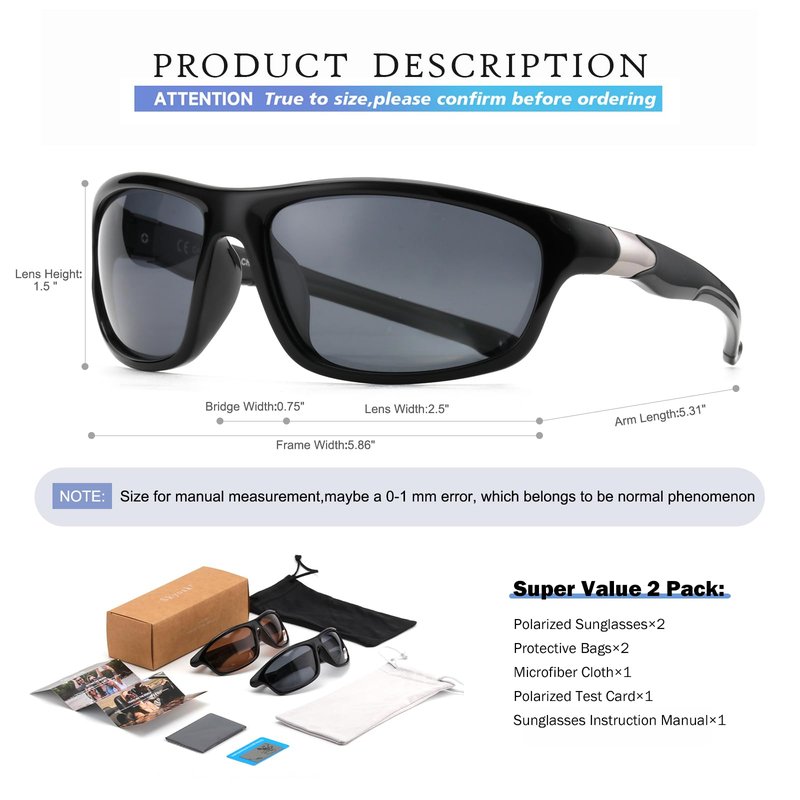 2 Pack Polarized Sports Sunglasses for Men Women, TR90 Wrap Around Design Sun Glasses UV400 Protection Outdoor Driving Cycling Fishing Black+Tortoise