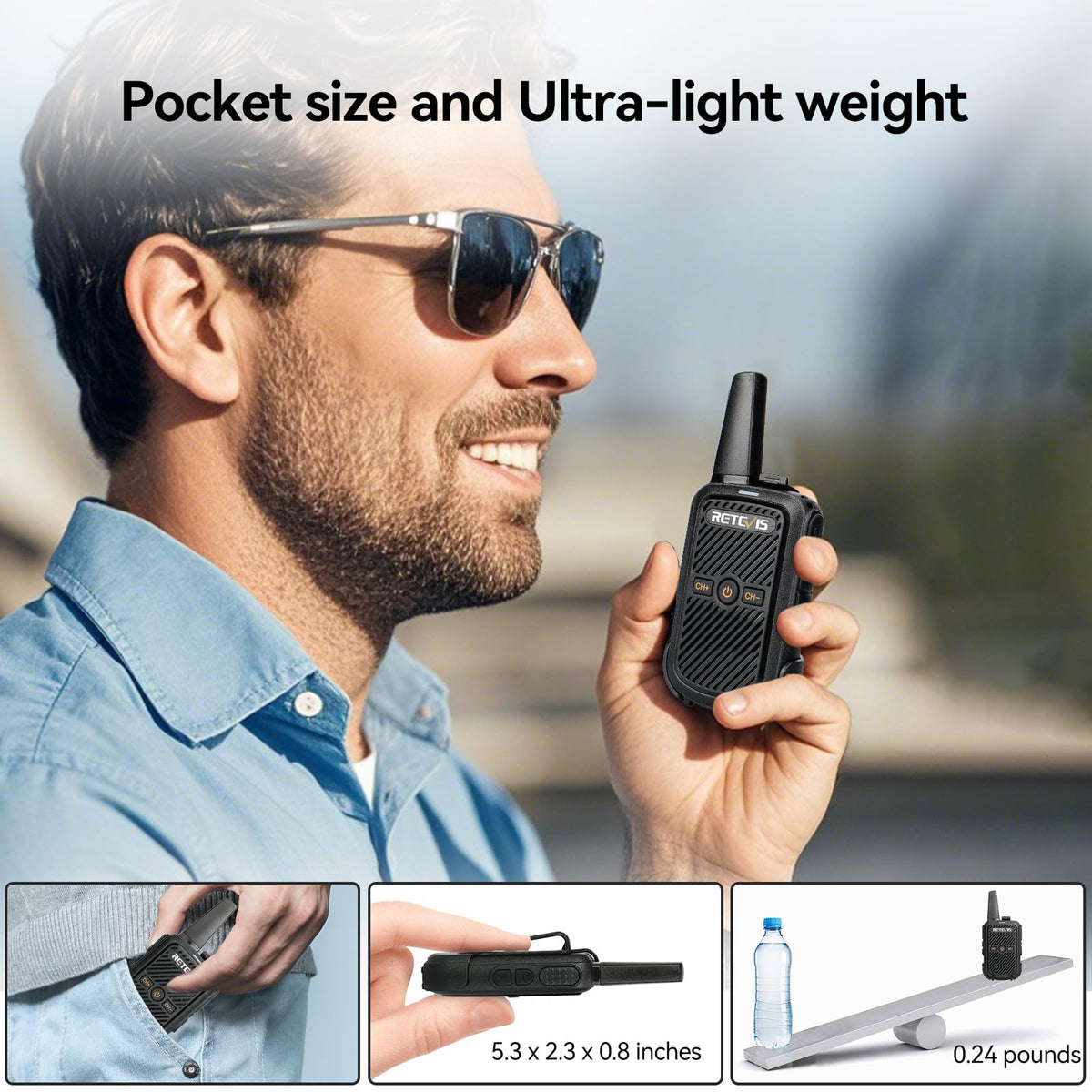 Retevis RT15 Mini Walkie Talkies for Adults, Small Portable 2 Way Radios, Low Battery Warning, VOX, Compact, Walky Talky Rechargeable for Warehouse Camping Hiking Outdoor Trip Family Travel(3 Pack)