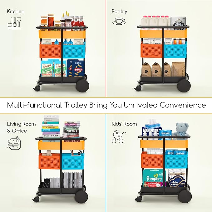 MEEDEN 3 Tier Rolling Utility Cart: Metal Heavy Duty Storage Cart Organizer with Wheels - Portable Tool Trolley for Home Office Kitchen