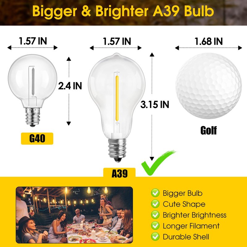 Larkvue 100FT LED Outdoor String Lights, Waterproof Patio Lights with 32 Shatterproof Dimmable 2700K A39 Bulbs Hanging Lighting for Outside Backyard