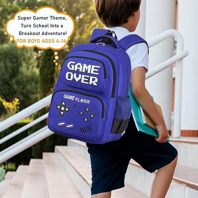 Kids Backpack Boys Gamer Backpack with Lunch Box Kindergarten Elementary Middle School Travel Sport Gaming Bookbag for Boys Girls Ages 4-14, Gamer Blue