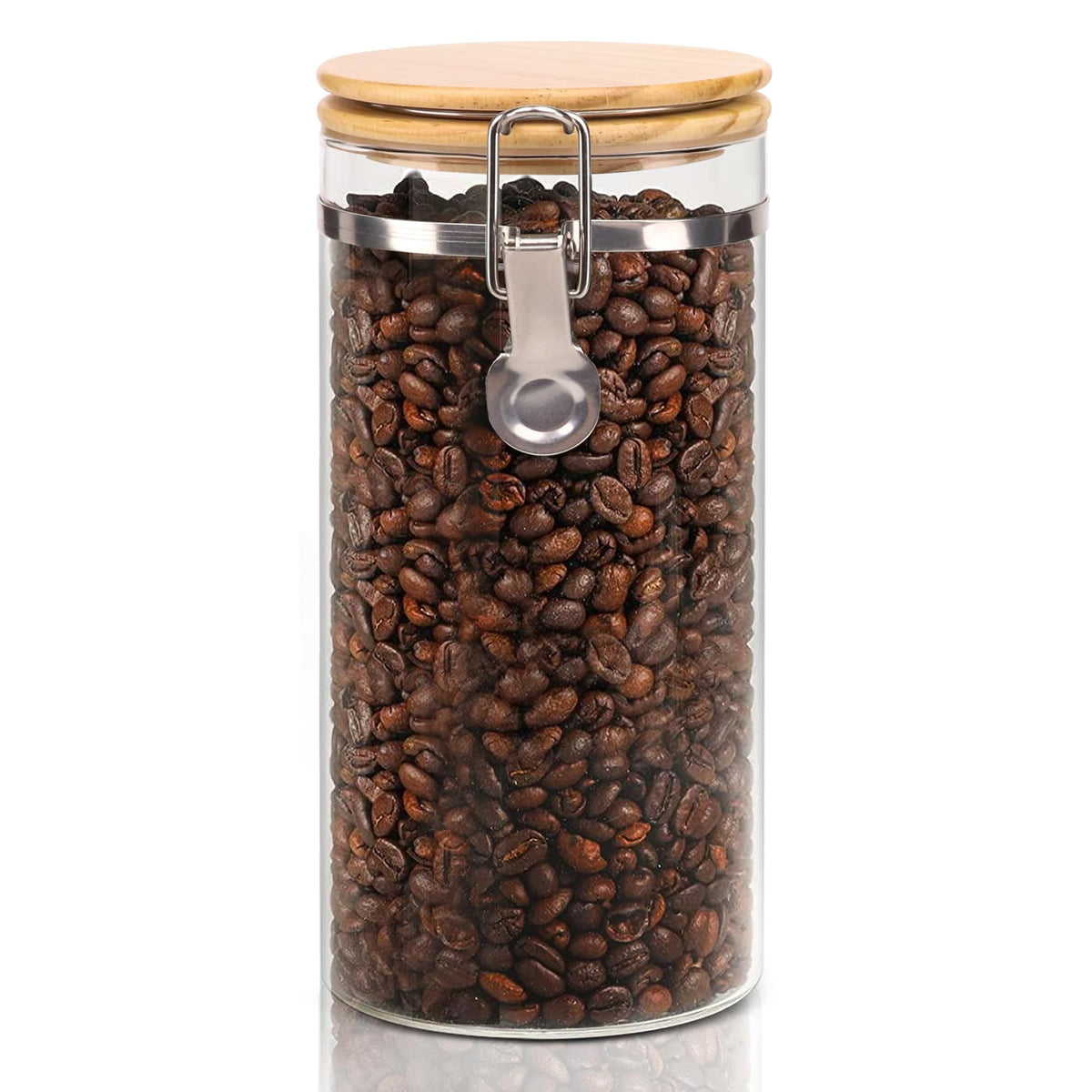 EQEY Glass Coffee Canister Set with Shelf & Spoons - 3 Piece Airtight Seal Coffee Bean Storage Containers & Filter Holder for Kitchen Organization