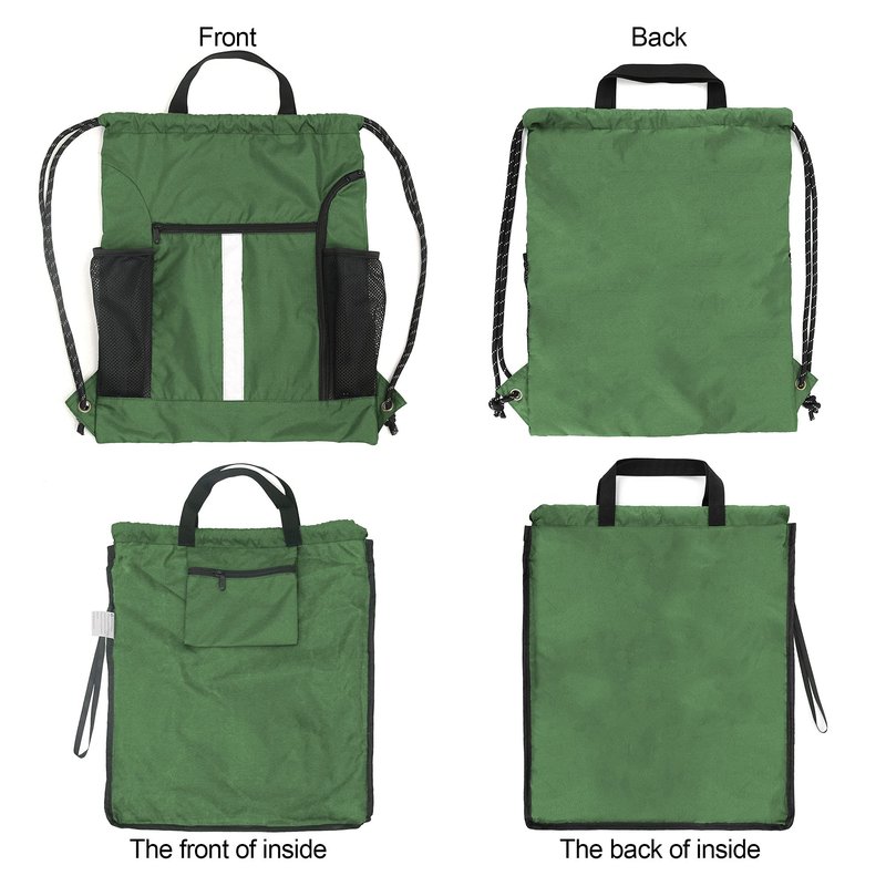 BeeGreen Green Drawstring Bag Gym Cinch Backpack w Shoe Compartment and Two Side Pockets Machine Washable Sports Sinch Sack String Sackpack for Swim Equipment Beach Travel