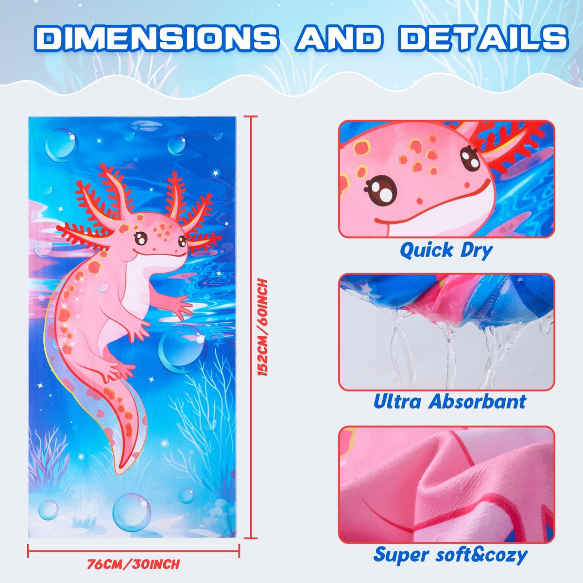WERNNSAI Kids Beach Towel for Girls, Axolotl Quick Dry Swim Towel
