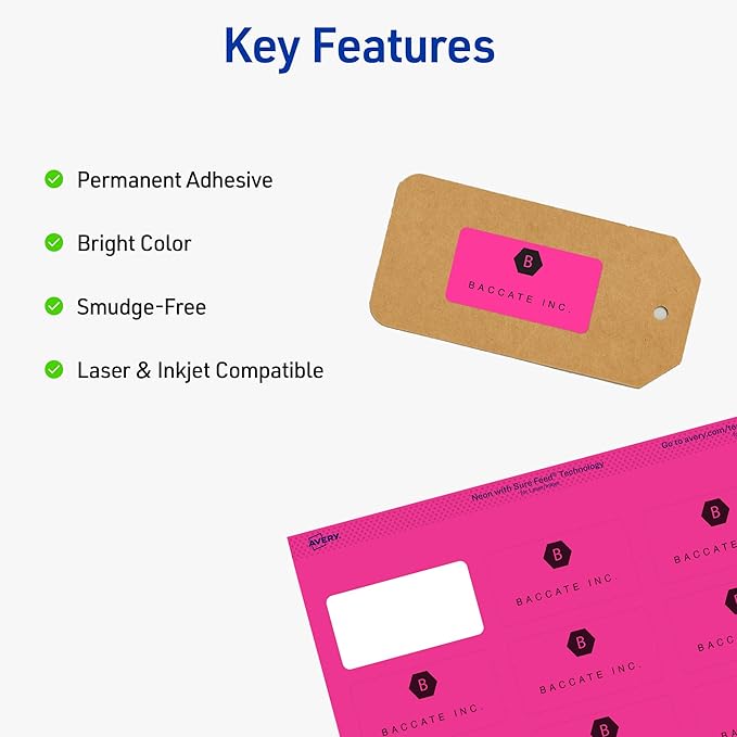Avery Printable Labels with Sure Feed, 1" x 2-5/8", Assorted Neon Colors (Green, Magenta, and Yellow), Removable Adhesive, Laser & Inkjet Compatible, 360 Blank Labels Total (6479)