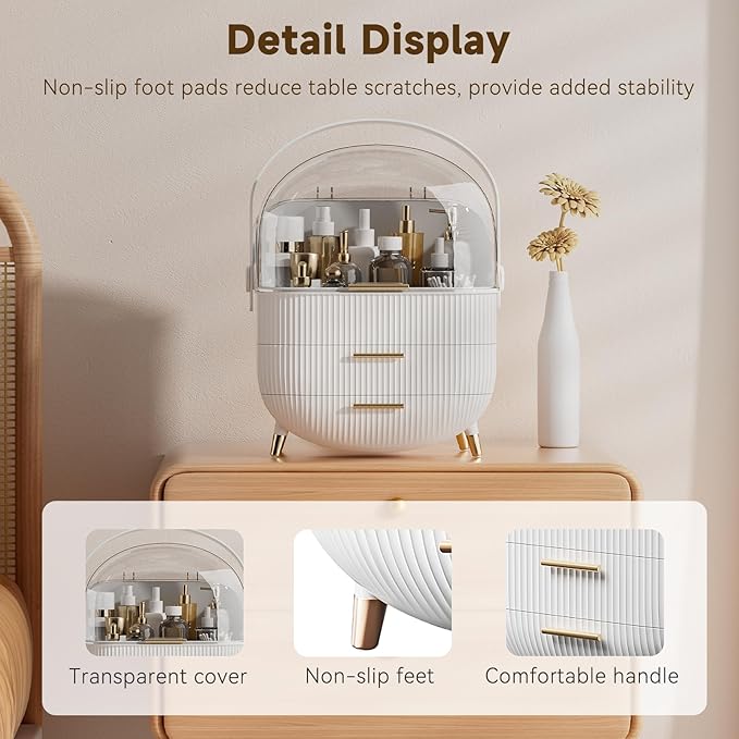 Makeup Organizers, Make Up Organizers for Vanity, Countertop Cosmetic Storage with Drawers and Transparent Cover for Bedroom Bathroom(White)