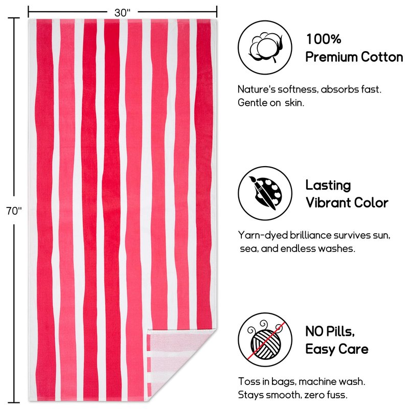 cabanana Large Beach Towel Oversized - 35 x 70 Inch Cotton Pool Towel, Soft Thin Velour Swim Towel for Adults (Stripes Pink)