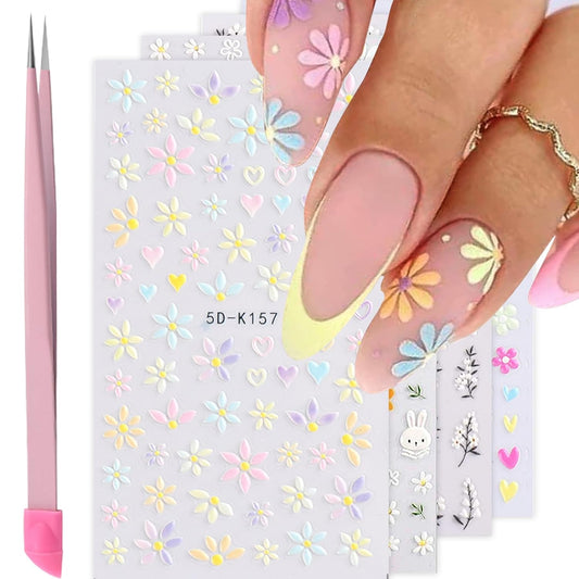Flower Nail Art Stickers Decals 5D Embossed Nail Decals Spring Summer Daisy Nail Art Design Self-Adhesive Nail Supplies Accessories 3D Flower Nail Stickers for Women Nail DIY Decoration