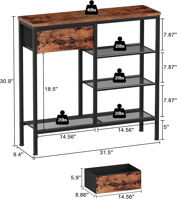 Furnulem Entryway Table Industrial 31.5" Sofa Console Table with Metal Mesh Shelf,Storage Fabric Drawer 4-Tier Shoe Rack Side Furniture for Front Door,Foyer Wooden Top, Sturdy Steel Frame,Rustic Brown