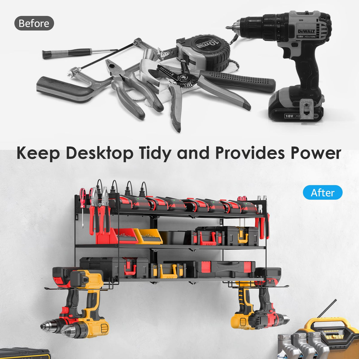 CCCEI Garage Tools Storage with Charging Station. Power Tool Battery Organizer Utility Shelf with Power Strip. 4 Drills Holder Wall Mount Rack, Black.