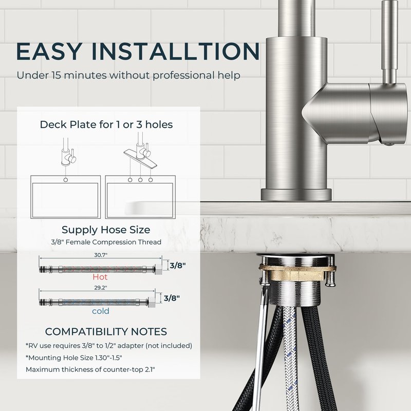 QFN Kitchen Faucet with Pull Down Sprayer Brushed Nickel, High Arc Single Handle Single Level Stainless Steel Pull Out Sink Faucet for Farmouse Camper RV Bar, Fit for 1 or 3 Hole