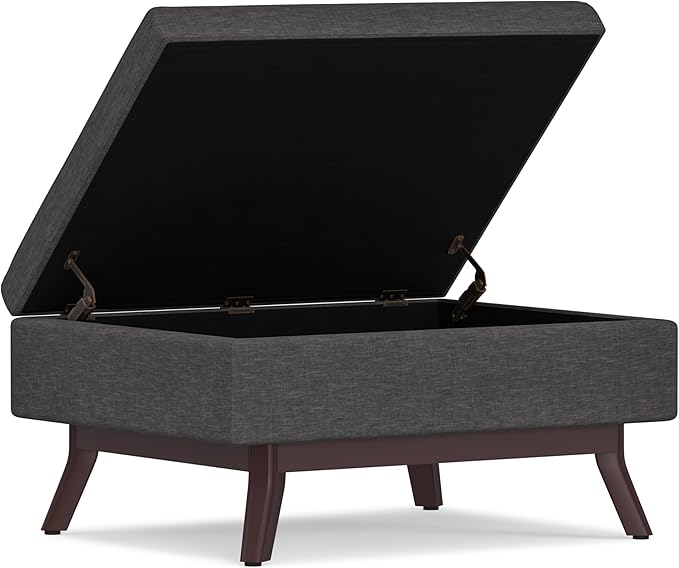 SIMPLIHOME Owen Coffee Table Storage Ottoman - 34 inch Wide Upholstered Linen Look Fabric Rectangular Lift-Top Ottoman in Slate Grey, Mid-Century Modern Bench for Living Room with Tapered Legs