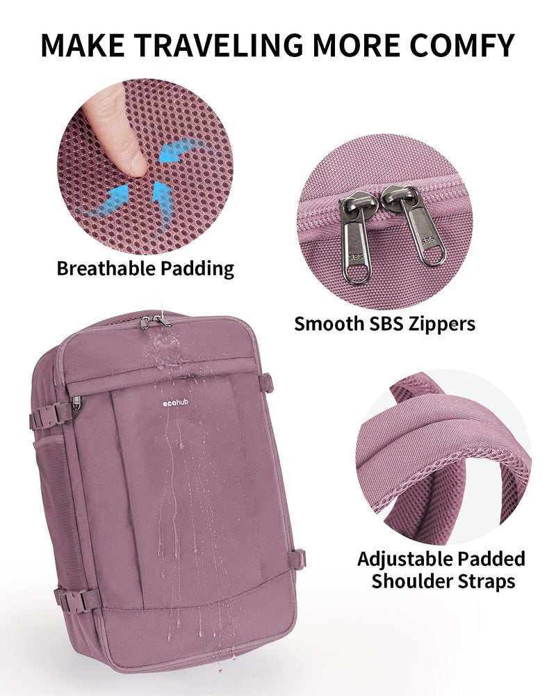 ECOHUB Travel Backpack for Women, Carry on Backpack with USB Charging Hole, Spirit Airlines Personal Item Bag Flight Approved, 15.6 Inch Laptop Backpack with Anti Theft Pockets, 30L, Pink