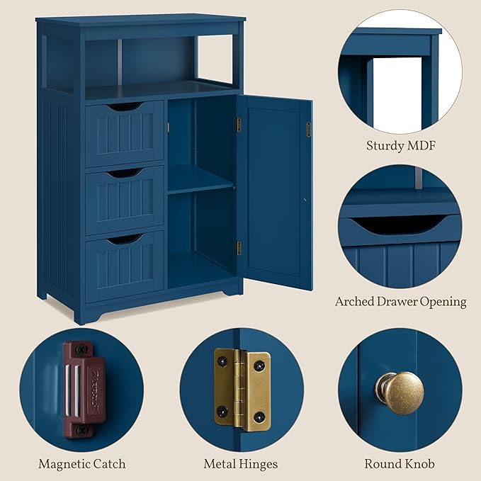Yaheetech Bathroom Floor Cabinet, Free Standing Wooden Storage Organizer Multiple Tiers Storage Living Room Cabinet, Navy Blue