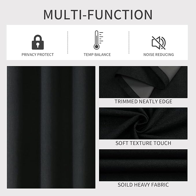Joydeco Blackout Curtains 90 Inches Long 2 Panels Burg, Room Darkening Curtains for Bedroom, 100% Black Out Textured Thermal Drapes Privacy Protection 2 Panels Set(W52 x L90 Inch, Black)