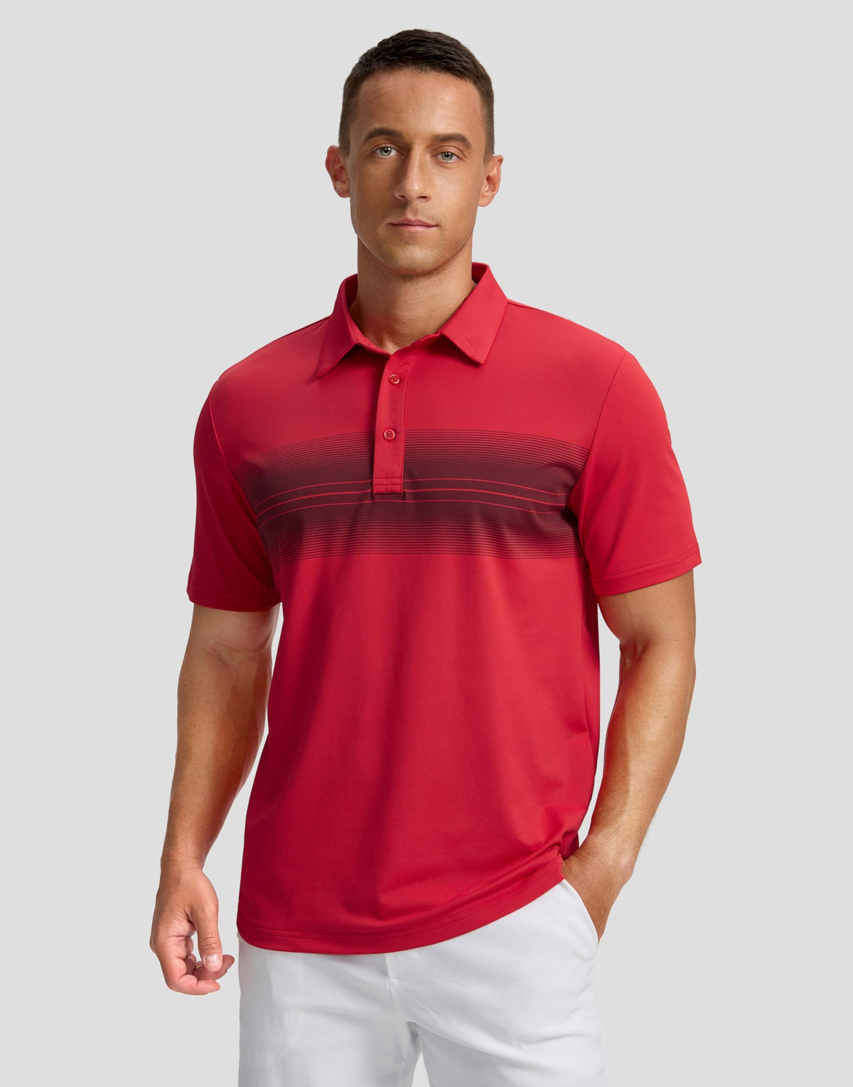 Men's Golf Shirts Dry Fit Moisture Wicking Performance Short Sleeve Collared Polo Shirts for Casual Tennis Bussiness (Red Stripe, L)