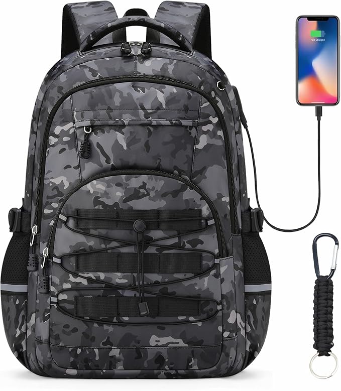 Kids Backpack for Boys - Camo Boys Backpacks for Kids Teens Elementary Middle School, 18″ Camouflag Students Bookbag with Usb Charging Port & Key-chain, Perfect for Travel and School