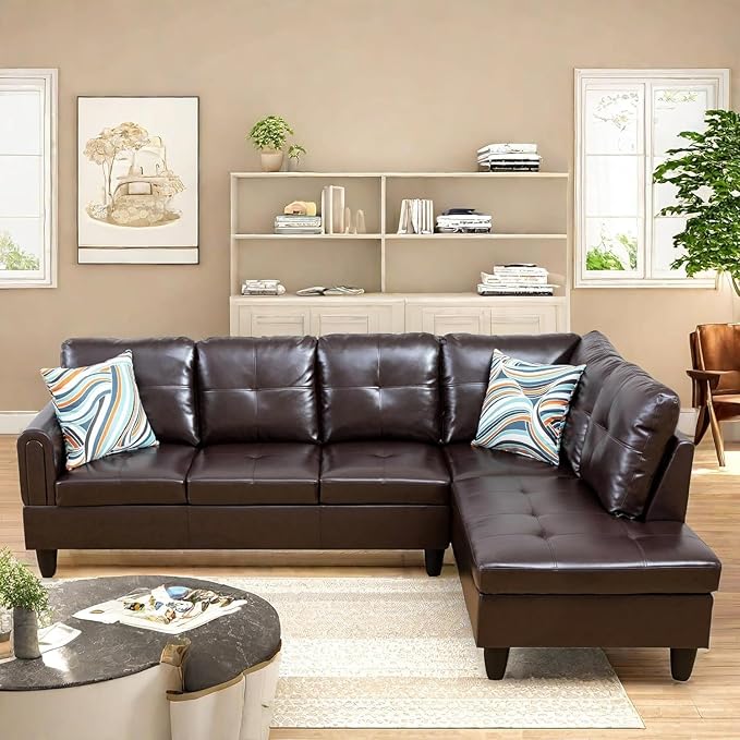 Large Storage Ottoman Sectional Sofa, L-Shaped Couch with Reversible Chaise, Space Saving Design, Gray Fabric with Accent Pillows. (Leather)