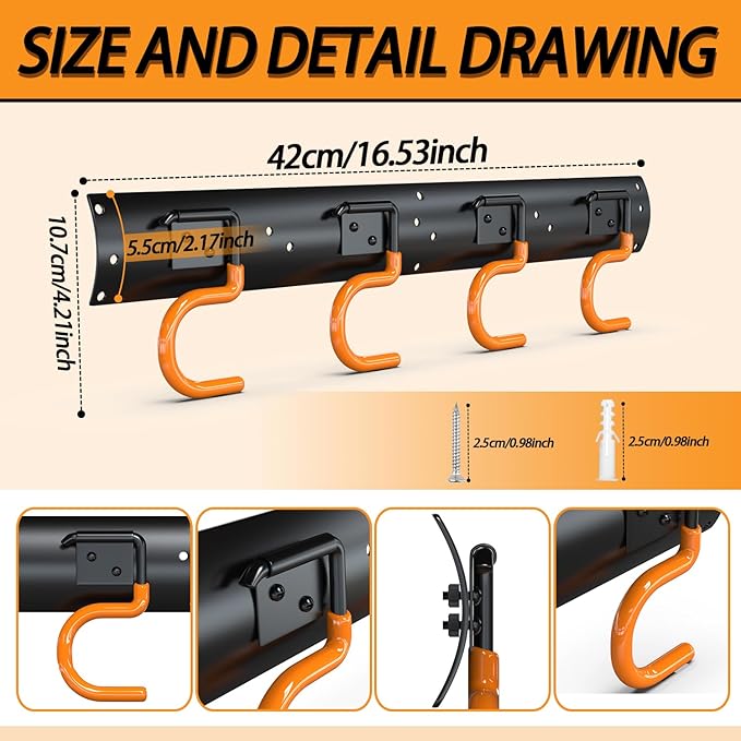 3-H 4×16" All Metal Garden Tool Organizer, Garage Tool Organizer, Broom Holder Wall Mount for Garage, Shed, Garden, Basement Hanging and Organizing Rake, Mop, Shovel, Hose
