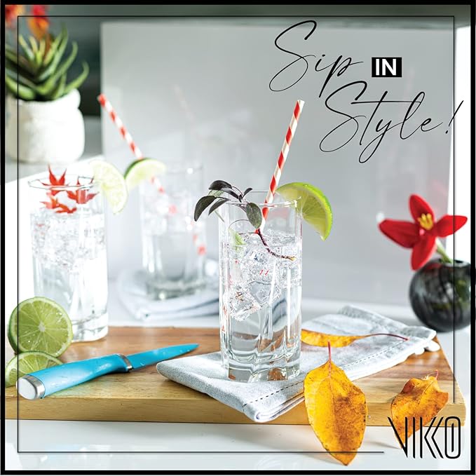 Vikko Drinking Glasses, 12 Oz Drinking Glasses Set of 6, Crystal Clear Glass Cups for Water or Juice, Highball Glass Tumbler & Water Glasses for Drinking