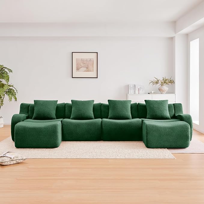 Green U-Shaped Cloud Couch with 2 Ottomans, Modern Teddy Fabric Boneless Sectional Sofa in a Box for Living Room, Modular Floor Couch, Deep Seat, No Assembly Required, Sofas para Sala