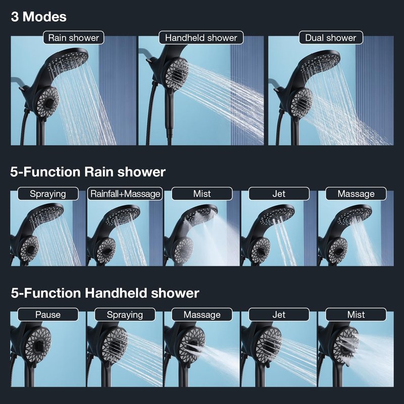 High Pressure Rain Shower Head with Handheld Spray Combo Fixed Showerhead Dual Shower Head Set 10 Sprays Detachable Hand Held Showerheads Built-in Magnetic System Matte Black