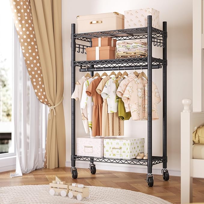 Heavy Duty Clothes Rack Rolling Garment Rack,3 Tier Adjustable Wire Shelving Clothing Racks for Hanging Clothes with Hanger Rod&Side Hooks,Freestanding Wardrobe Storage Rack Metal Portable Closet