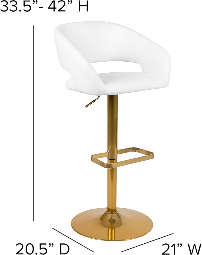 Flash Furniture Erik Comfortable & Stylish Contemporary Barstool with Rounded Mid-Back and Foot Rest, Adjustable Height - White Vinyl with Gold Base, Set of 2