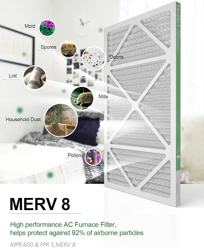 14x25x1 Air Filter 6 Pack, Durable MERV 8 Pleated Home HVAC AC Furnace Filters