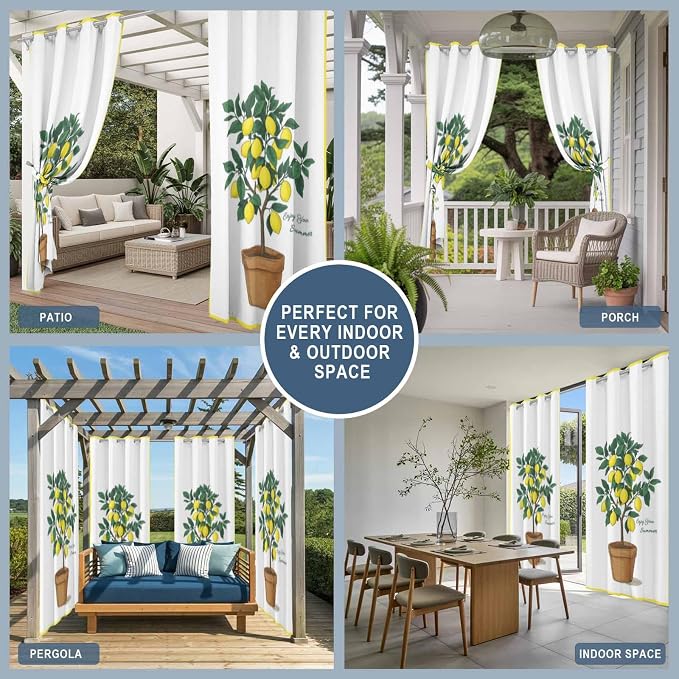 Lemons Outdoor Curtains for Patio Summer Fruit Lemon Tree Waterproof Outside