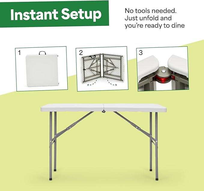 EconoHome White 4ft Folding Table with Handle | Heavy-Duty Foldable Table | Portable Table for Indoor & Outdoor Use | Perfect for Events, Camping, Parties, Dining & More
