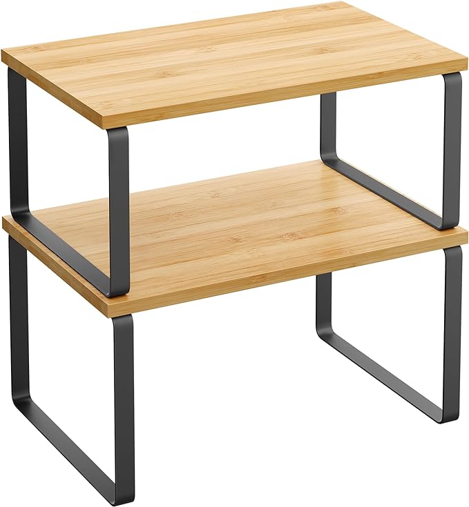 SONGMICS Cabinet Organizer Shelf, Set of 2 Kitchen Counter Shelves, Kitchen Storage, Spice Rack, Stackable, Expandable, Metal and Engineered Wood, Ink Black and Natural Beige UKCS02NB