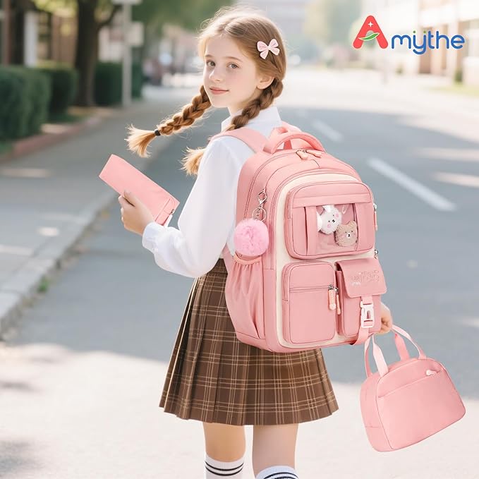 Girls Backpack with Lunch Box 3Pcs, Kawaii School Bag Set for Kid Elementary Middle School, Multi-Pocket Cute Laptop Bookbag Lightweight, Pink