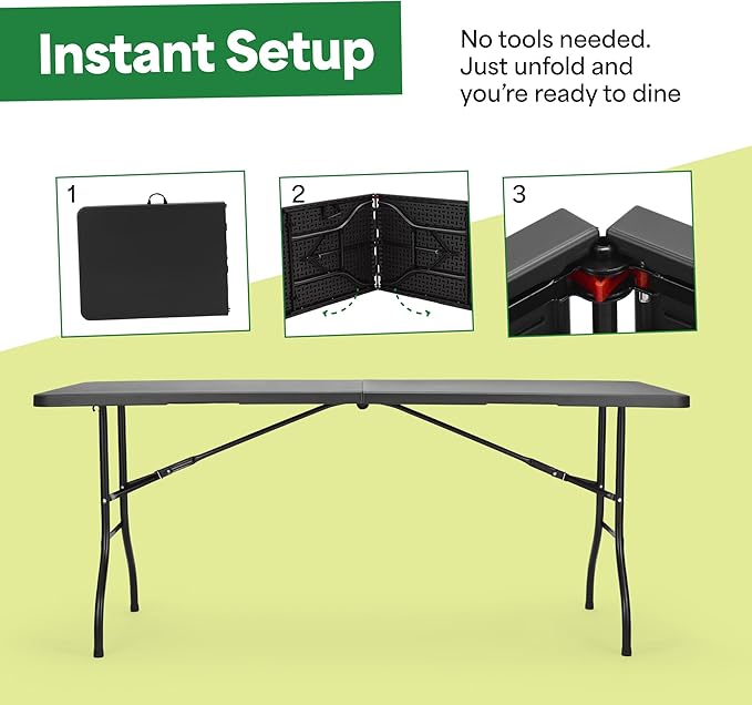 EconoHome Black 8ft Folding Table with Handle | Heavy-Duty Foldable Table | Portable Table for Indoor & Outdoor Use | Perfect for Events, Camping, Parties, Dining & More