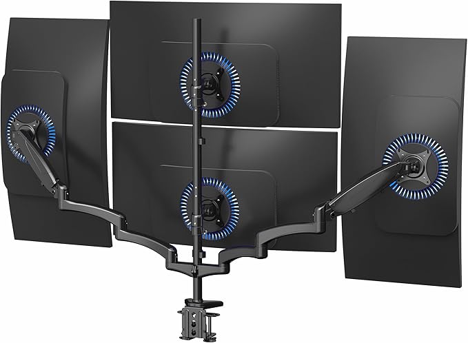 VIVO Quad Pneumatic Monitor Mount for 4 Screens up to 32 inches, Fully Adjustable, Heavy Duty Desk Stand with C-Clamp, Black, STAND-V400G