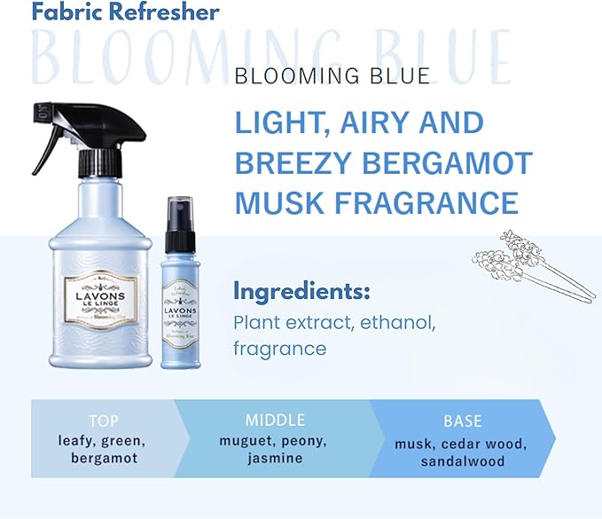 LAVONS Fabric Spray Freshener for Carpet Fresh, Pet Safe Linen Spray for Bedding, Organic Fabric Refresher Spray for Home & Offices, Natural Carpet Freshener from Japan, 12.5 Fl Oz BLOOMING BLUE
