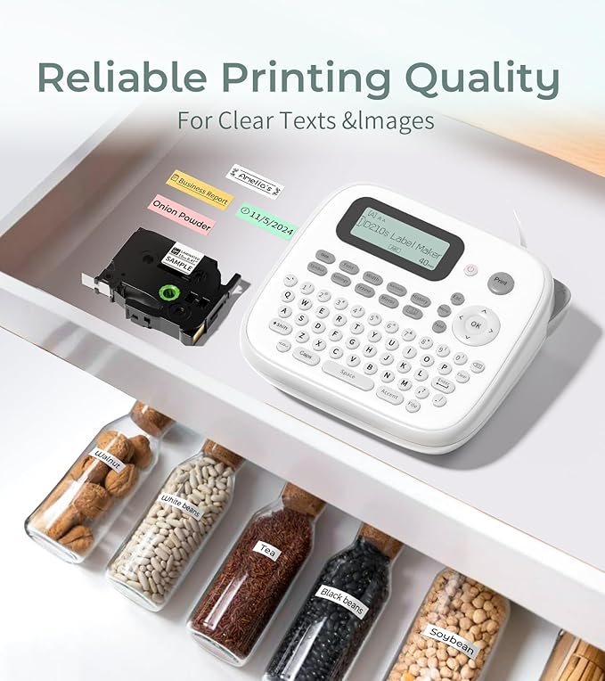 Label Maker Waterproof Labels, Labeler Machine with Tape, D210s Labeling Maker, 16+ Bolder/Handwritten Fonts & Intuitive Shortcut Keys, 12mm Removable Freezer Food Labels for Jars/Containers/Bottle