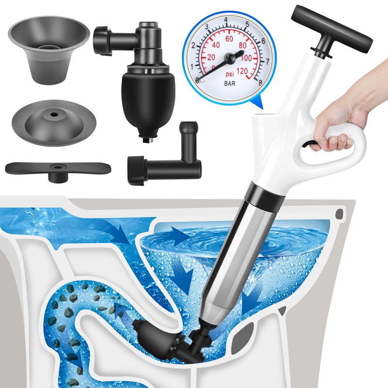 High Pressure Toilet Plunger, Air Drain Blaster Gun with Visual Barometer and Stainless Steel Plungers, Powerful Drain Clog Remover Tool for Sink, Toilet, Floor Drain - Heavy Duty Toilet Plungers