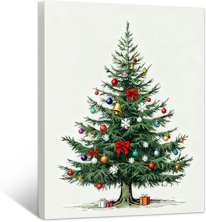 Framed Christmas Pictures Wall Decor,Vintage Pine Tree Prints,Winter Christmas Canvas Wall Art Decoration for Bedroom Bathroom Living Room Rustic Xmas Holiday Gifts (Christmas Tree 8, 24'' X 36'')