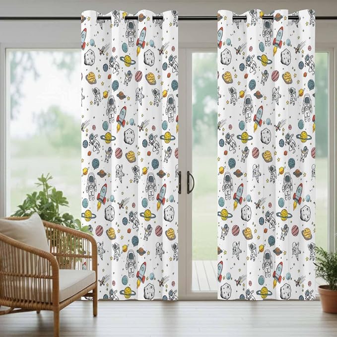Cartoon Space Outdoor Curtains for Patio Astronauts Spacecraft Rockets