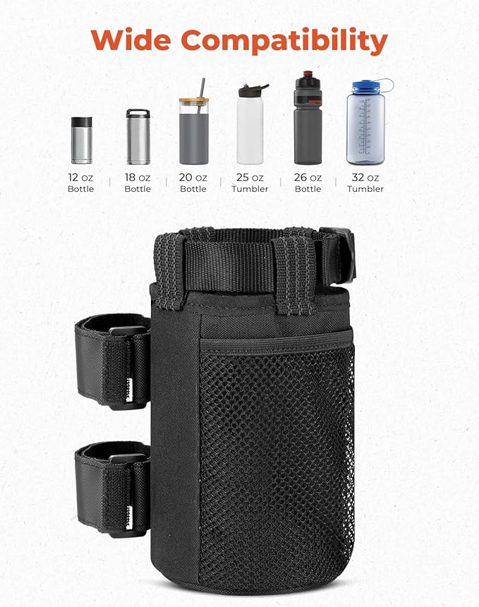 KEMIMOTO 1 Pack Cup Holder, Roll Bar Cup Holder for UTVs Wheelchair Scooter Walker Rollator Bike Golf Cart Boat with Mesh Pockets and Sticky Straps,